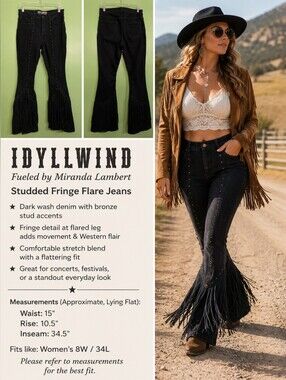 IDYLLWIND Fueled by Miranda Lambert Studded Fringe Flare Jeans 8W 34L Western